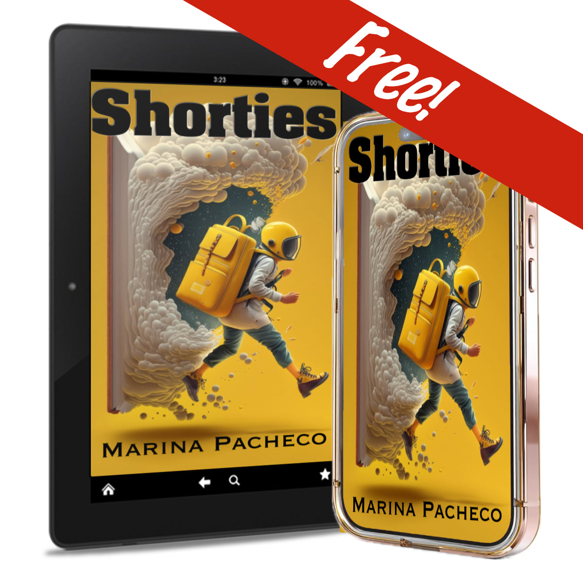 Tablet and phone displaying the 'Shorties' book cover with a free banner, by Marina Pacheco.