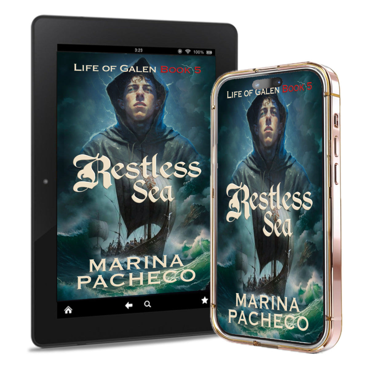 A digital mockup showing a tablet and smartphone displaying the book cover for 'Restless Sea' by Marina Pacheco, with the series title 'Life of Galen Book 5' at the top.