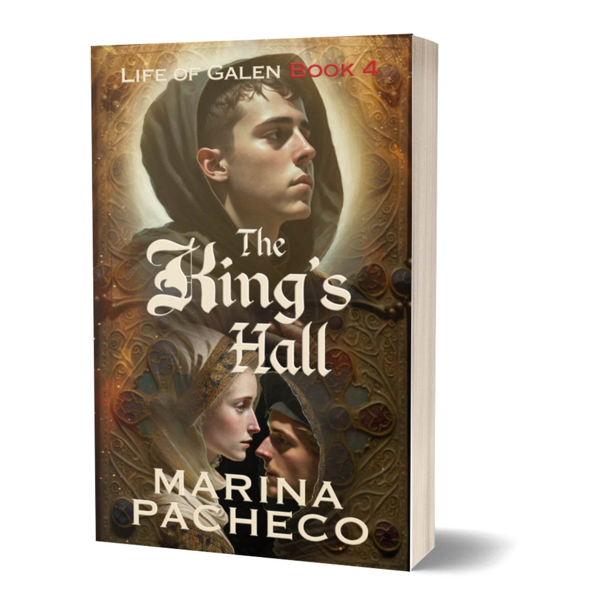 3D Book cover of 'The King's Hall' by Marina Pacheco featuring three characters in a decorative frame.