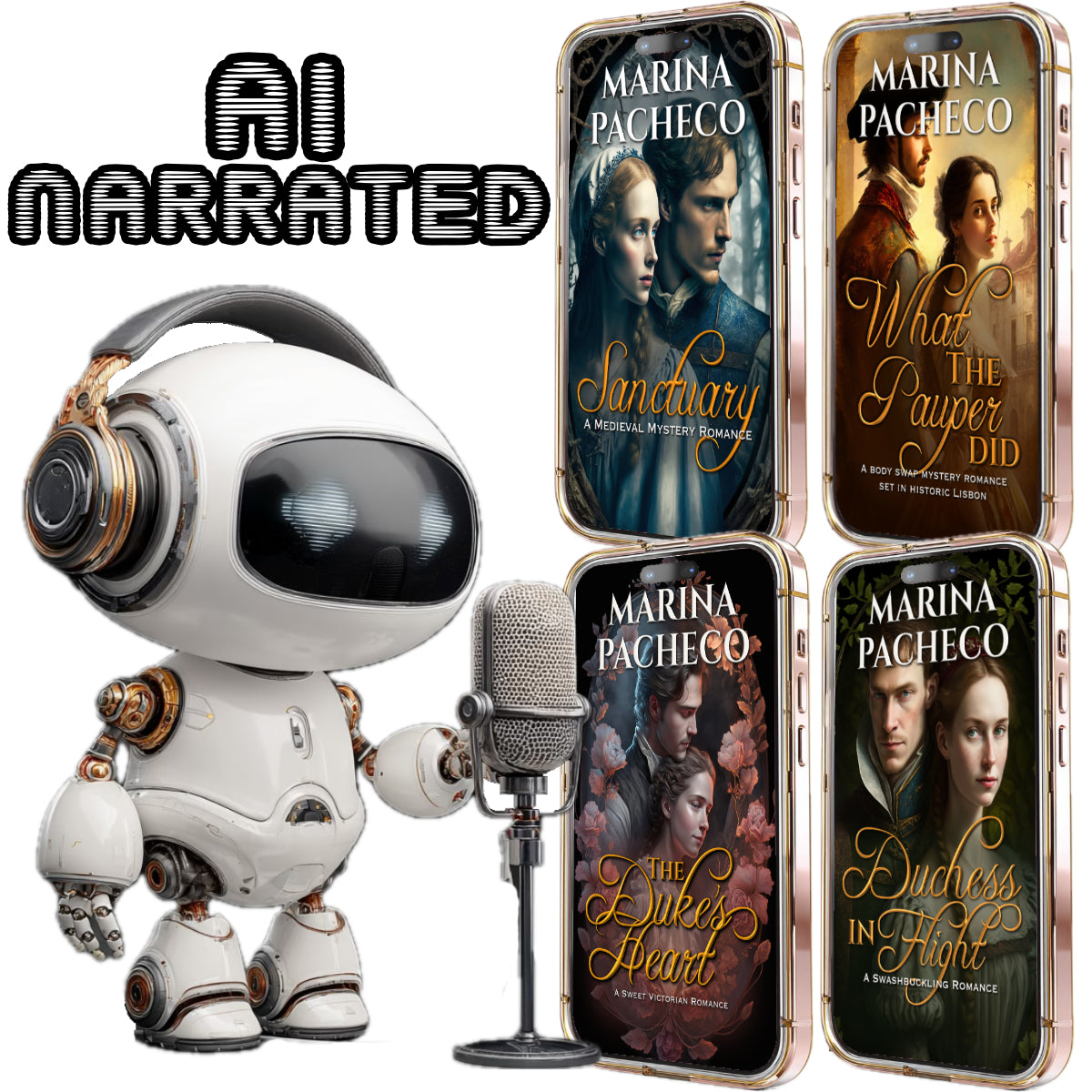 Ai narrated collection of 4 audiobooks: Sanctuary, What the Pauper Did, The Duke's Heart and Duchess in Flight