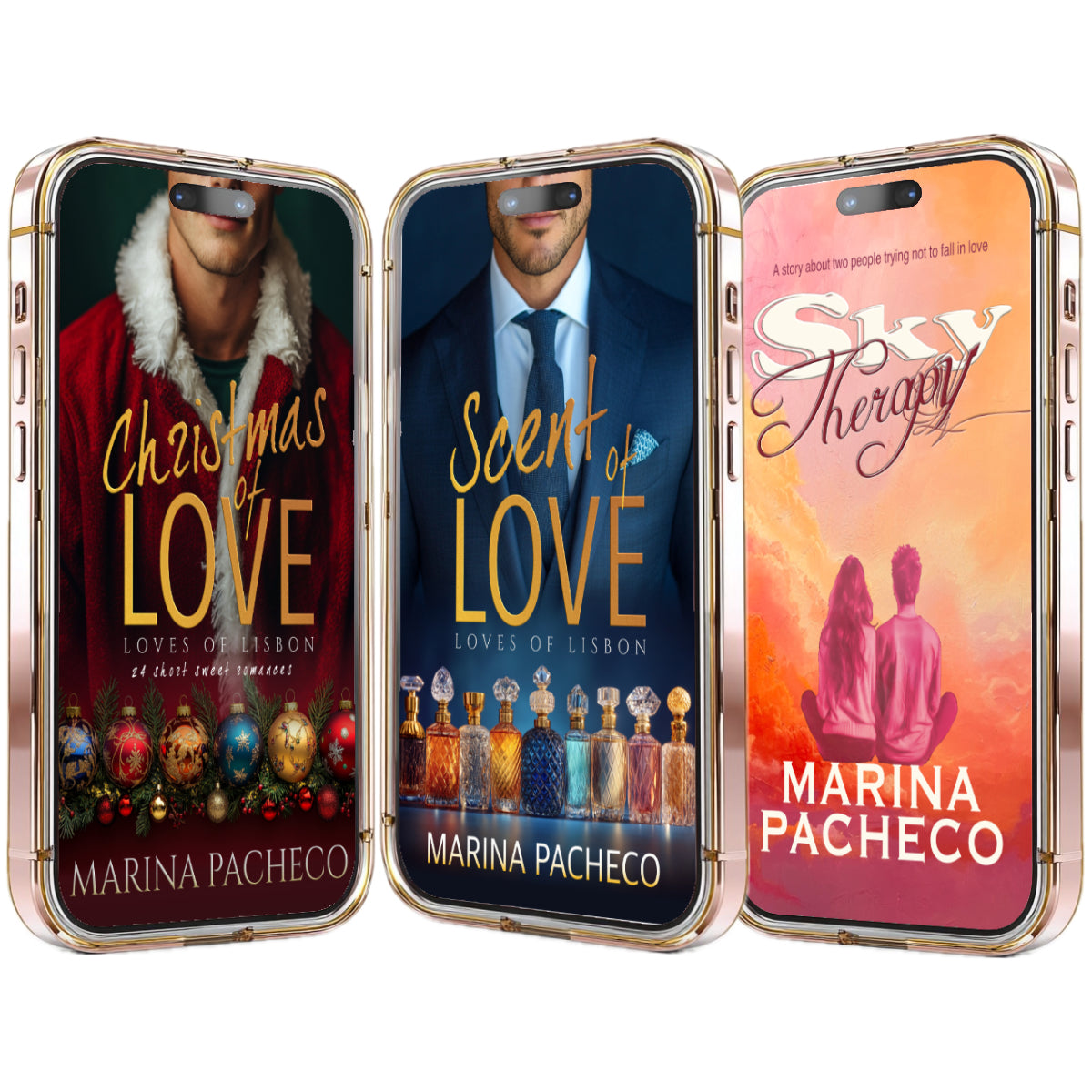 3D iPhones with the covers for Christmas of Love, Scent of Love and Sky Therapy, by Marina Pacheco