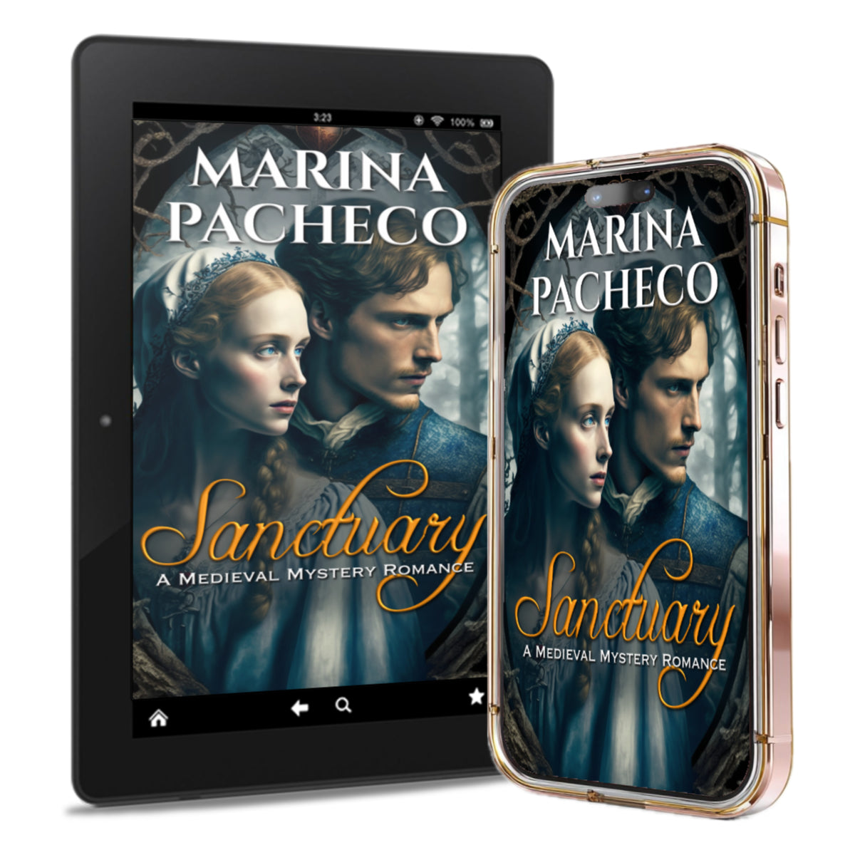 Tablet and smartphone displaying the book cover of 'Sanctuary' by Marina Pacheco on a white background. A medieval historical fiction with a touch of romance.
