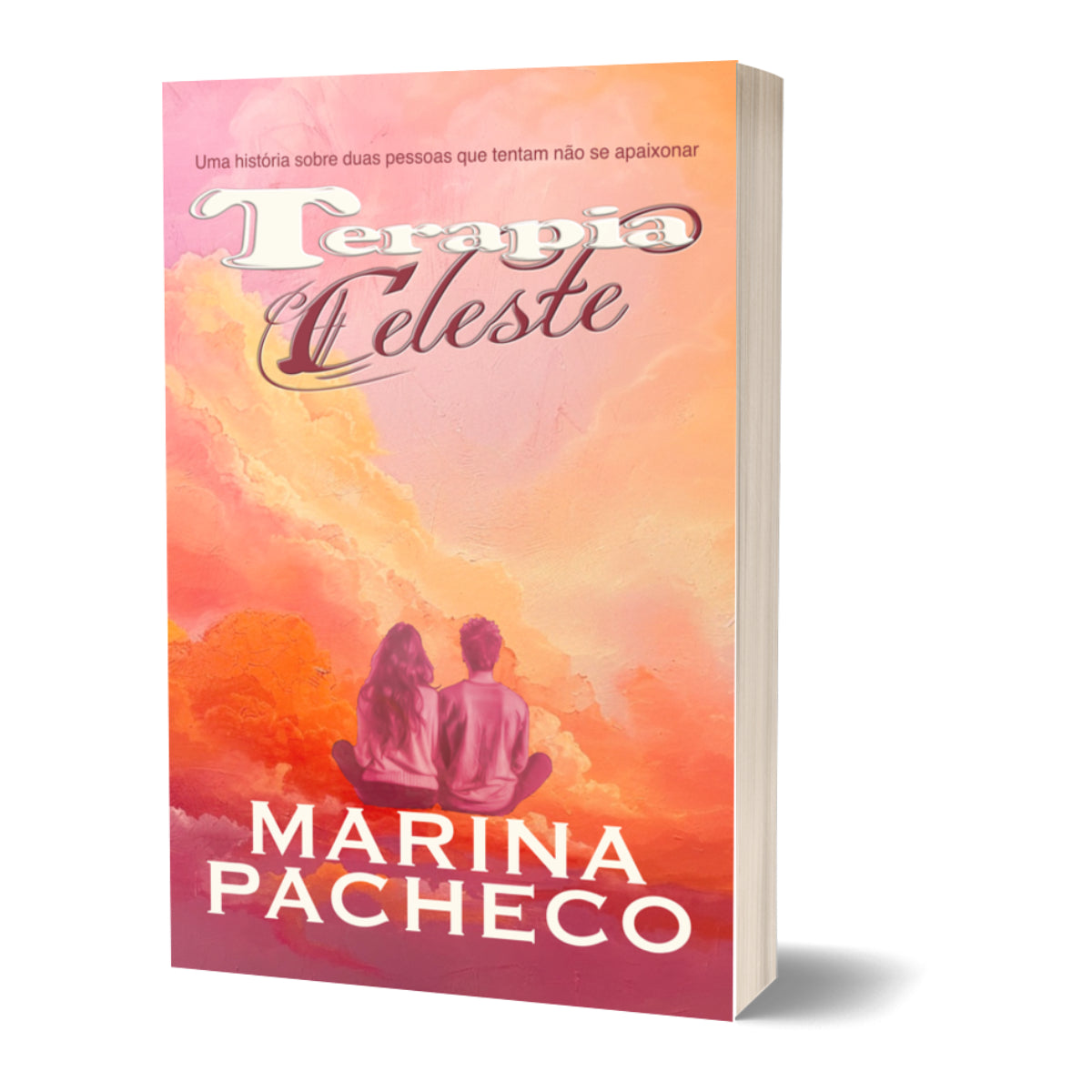 3D Book cover of 'Terapia Celeste' by Marina Pacheco with a couple sitting under a colorful sky.