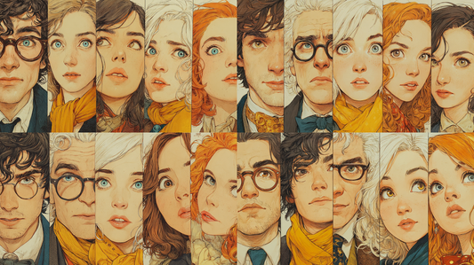 two rows of sliced images of people / characters from novels