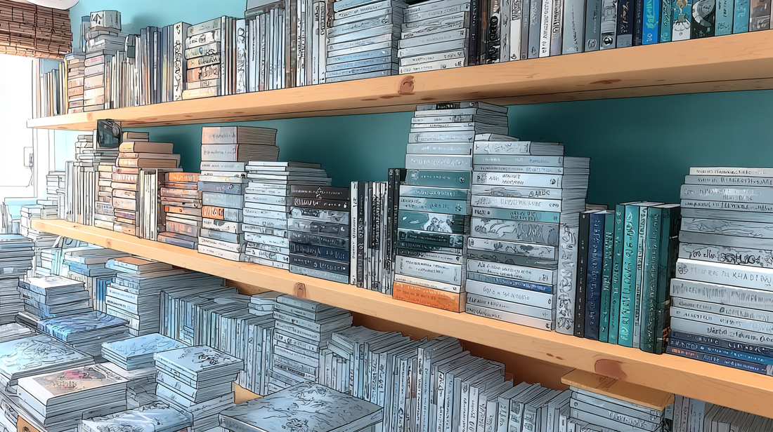 piles upon piles of books stacked on bookshelves.