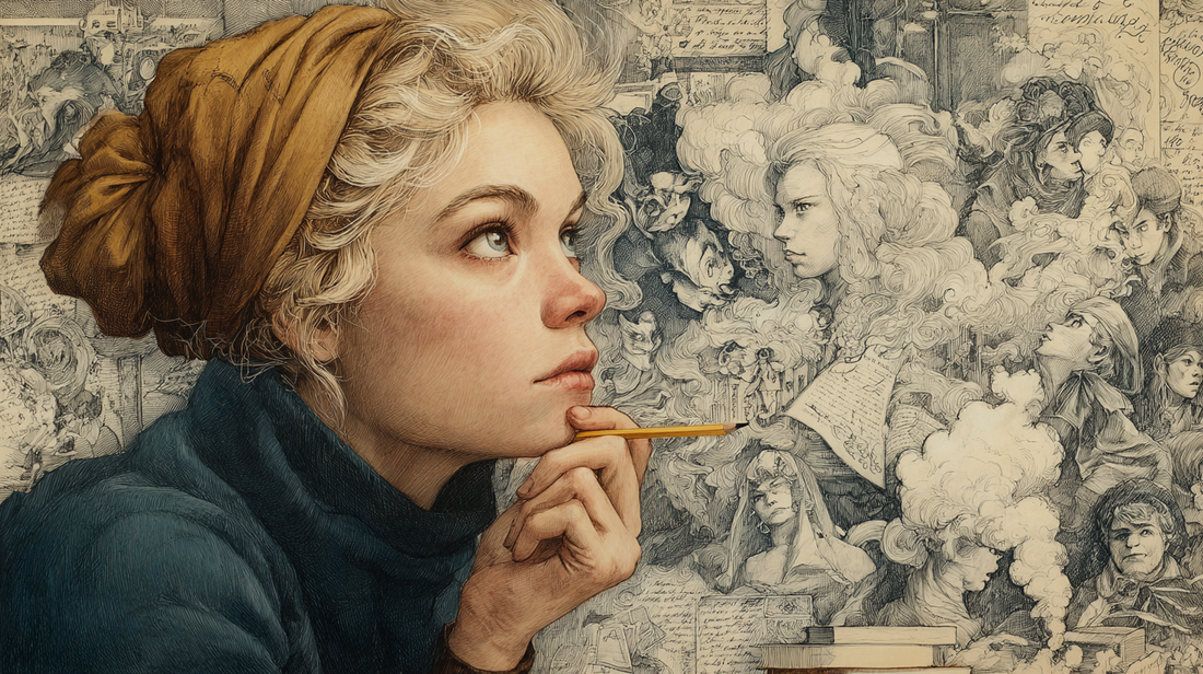 A female writer staring into space, holding her pencil while behind her all her characters are displayed as from a dream