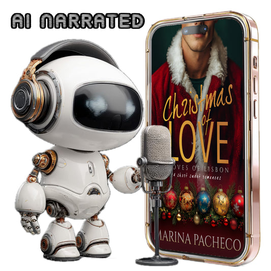 Robotic character with a microphone next to a phone displaying 'Christmas of Love' by Marina Pacheco