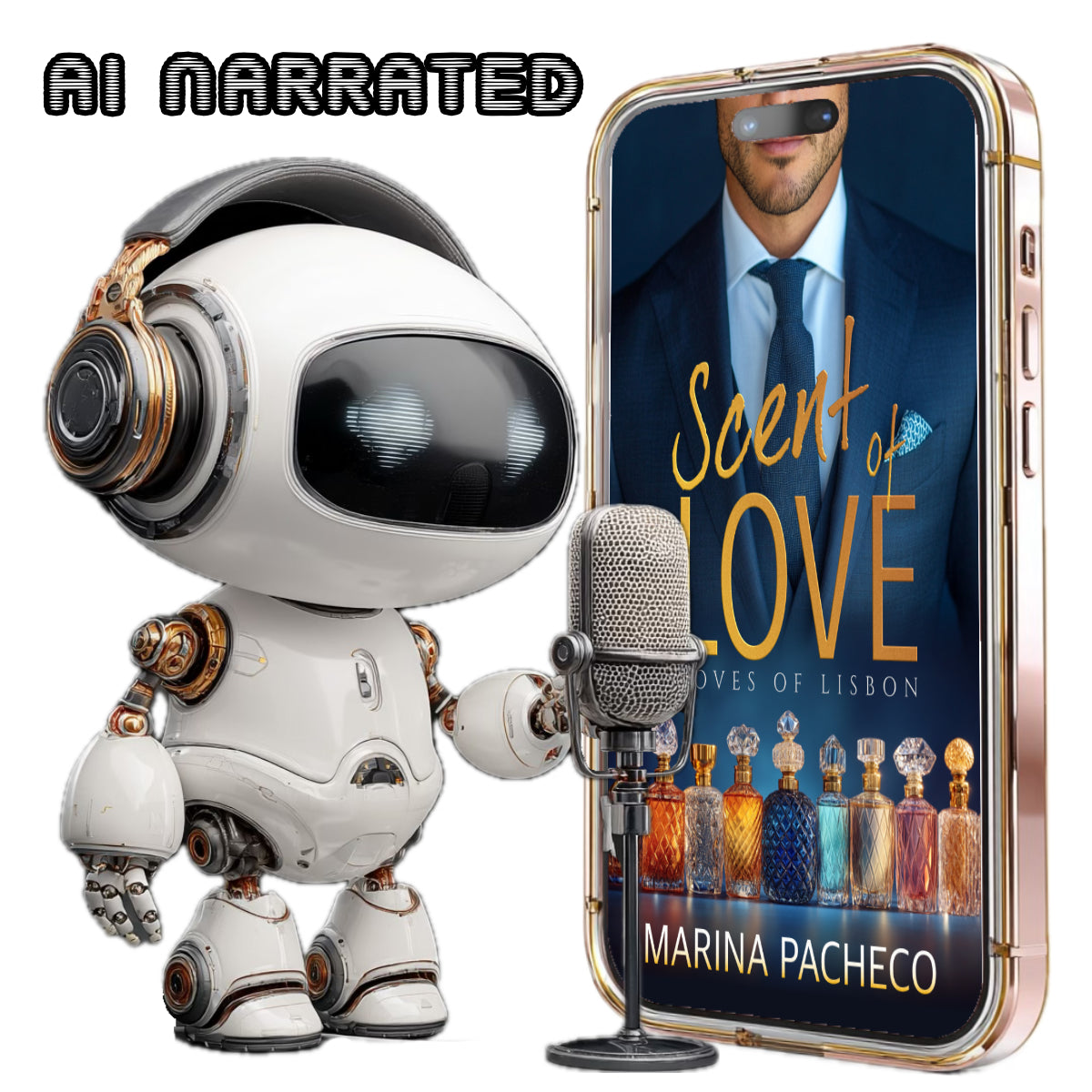 Robotic character with a microphone next to a phone displaying 'Scent of Love' book cover