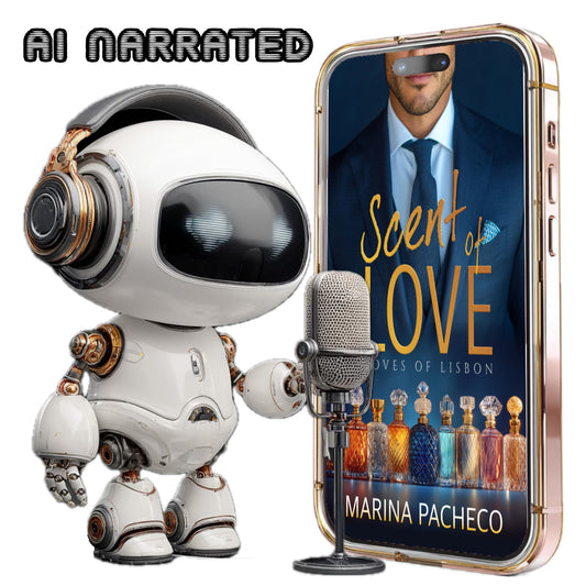 Robotic character with a microphone next to a phone displaying 'Scent of Love' book cover