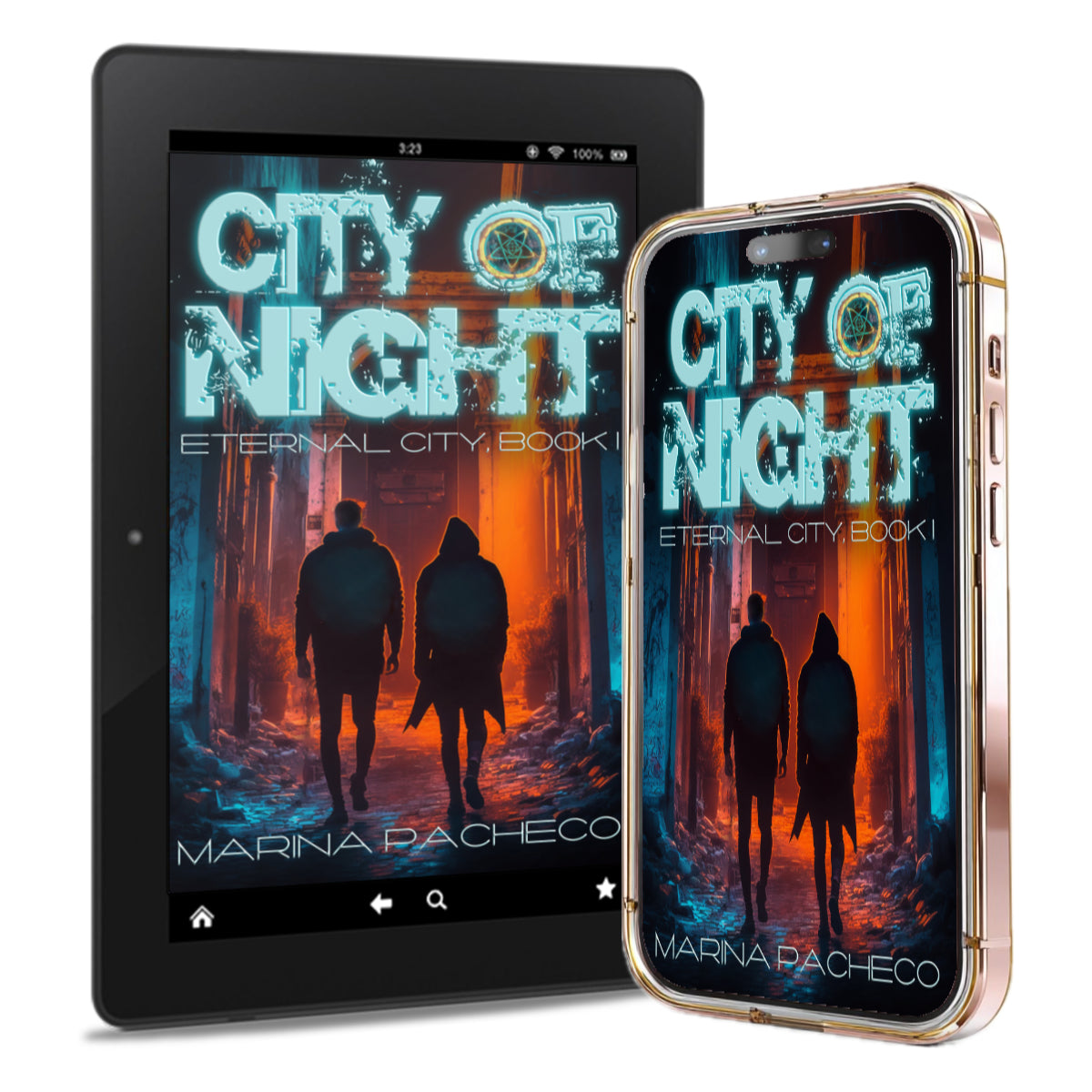 Phone and tablet displaying 'City of Night' book cover with silhouettes of two people walking. Futuristic odd couple sci-fi/ fantasy. 