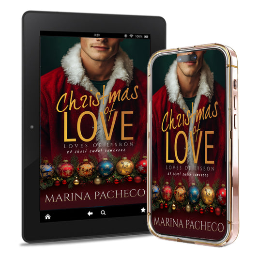Tablet and phone displaying the book cover 'Christmas of Love' by Marina Pacheco.