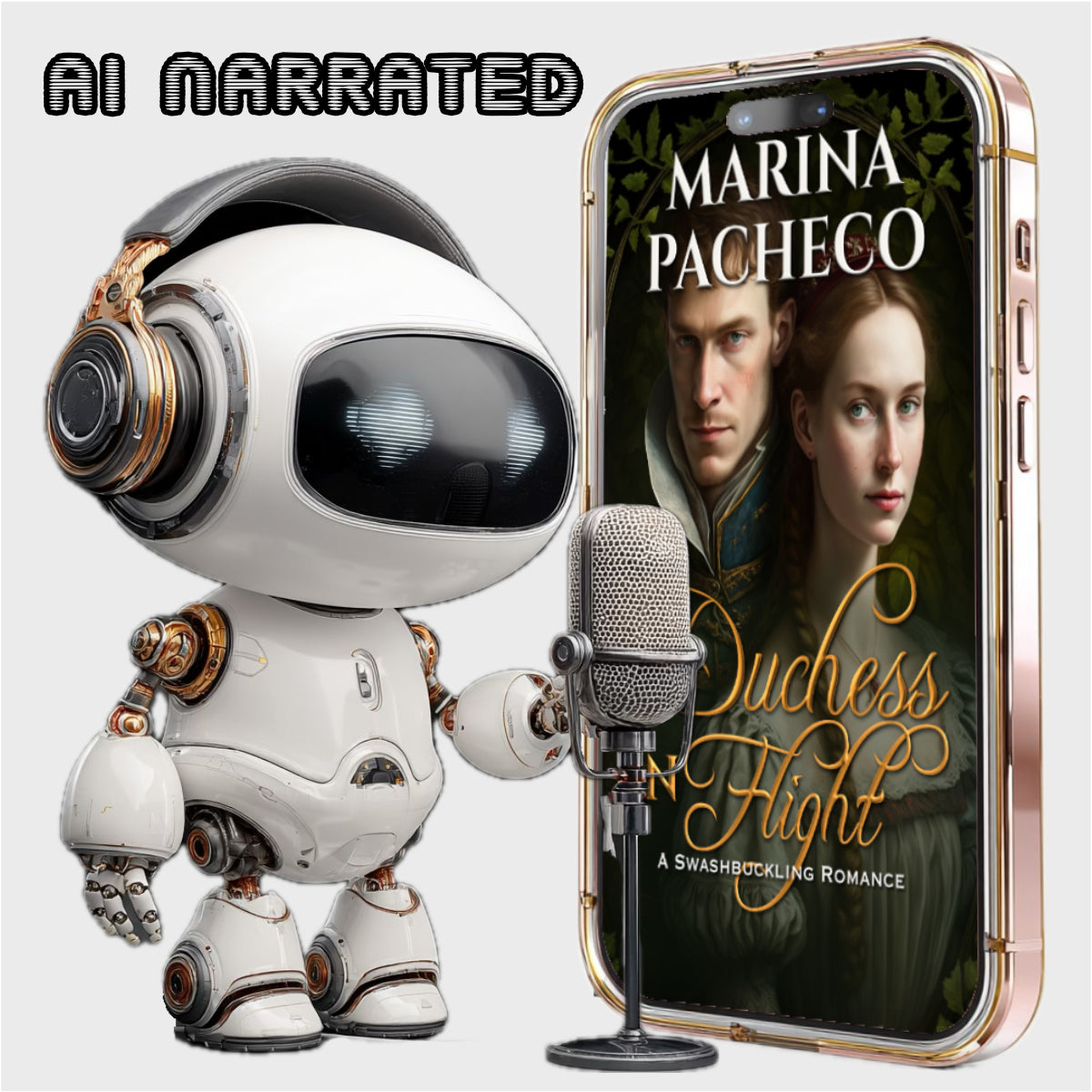 Robotic character with a microphone next to a phone displaying 'Duchess in Flight' by Marina Pacheco