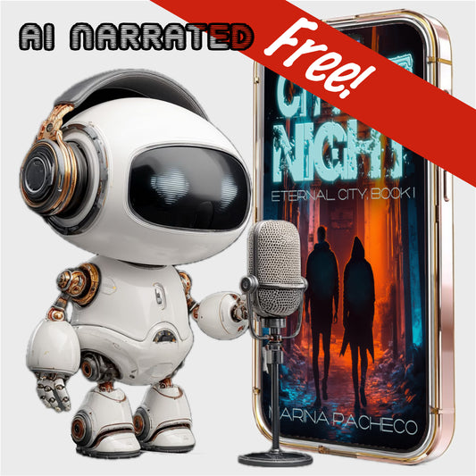 Robotic character with a microphone next to a phone displaying a book cover for City of Night, with 'AI Narrated and Free!' text.