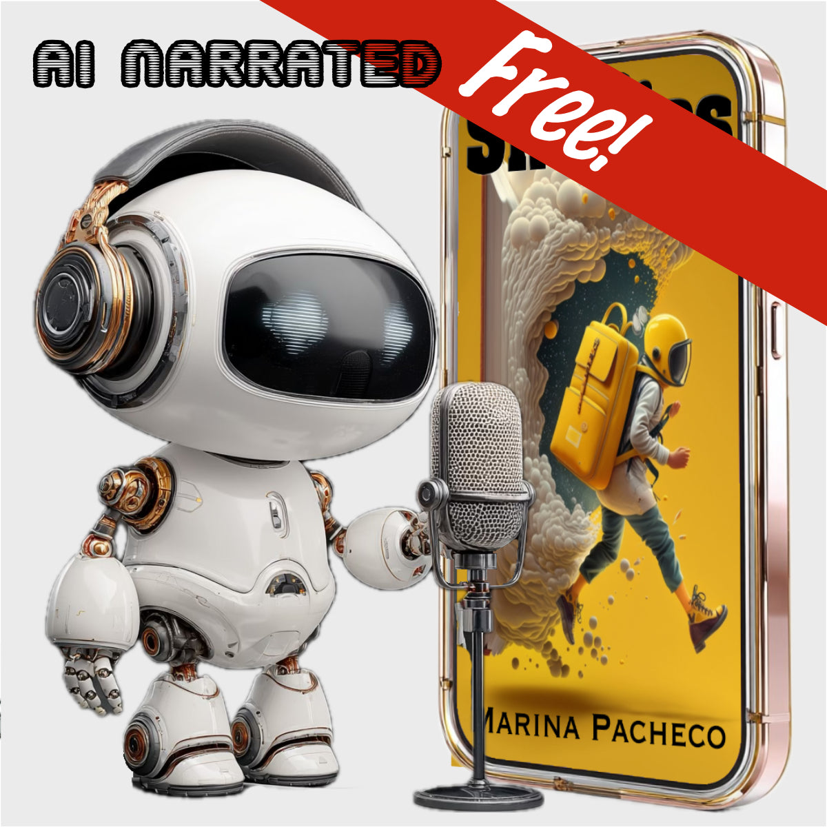 Robotic character with a microphone next to a smartphone displaying an book cover for Shorties with 'AI Narrated and Free' text.