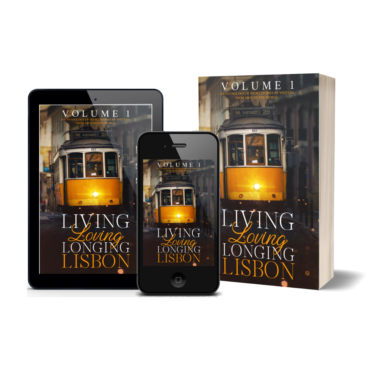 Living, Loving,Longing, Lisbon Volume 1 displayed as an ePub on Kindle and phone, as well as on a paperback