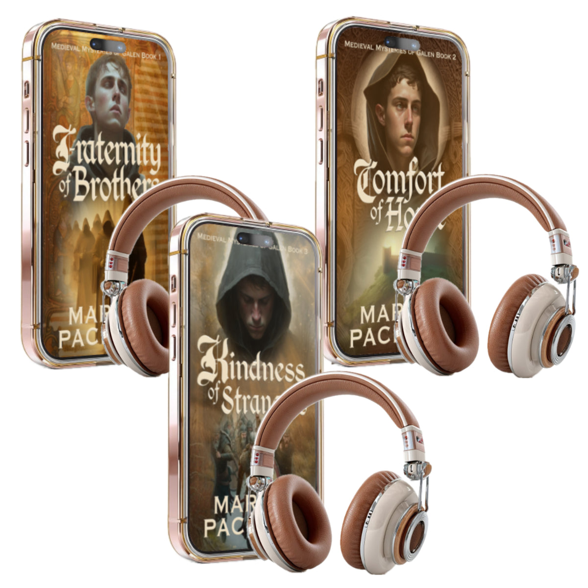 Three smartphones with book covers displayed on screens, of the Life of Galen books 1 to 3