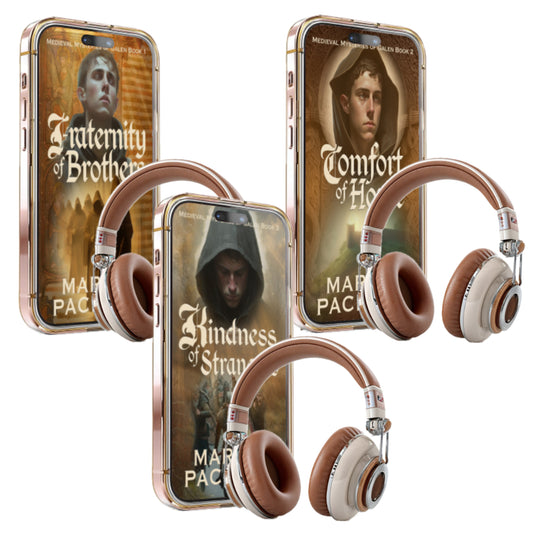 Three smartphones with book covers displayed on screens, of the Life of Galen books 1 to 3