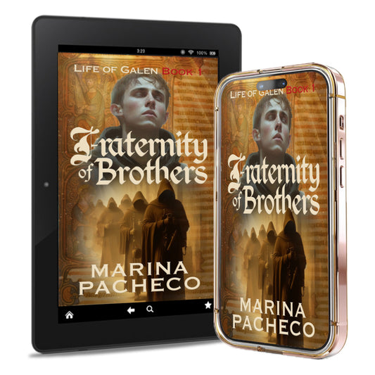 A digital mockup showing the ebook cover for 'Fraternity of Brothers' by Marina Pacheco displayed on a black tablet and a rose gold smartphone case against a white background.