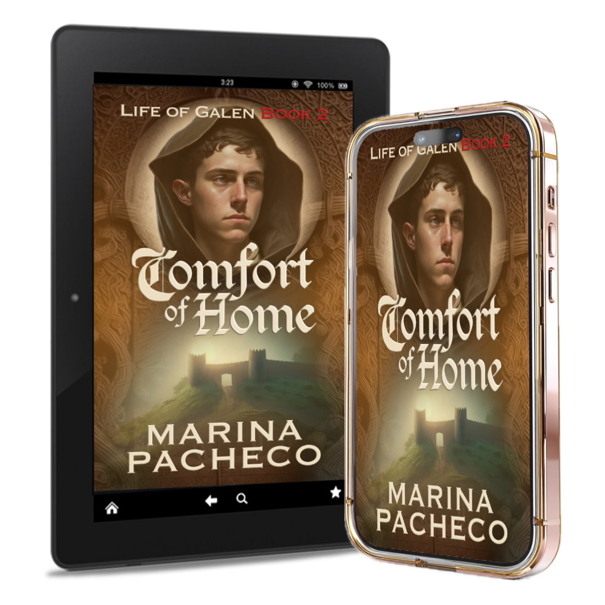 A digital book cover for 'Comfort of Home' by Marina Pacheco is displayed on a black tablet and a rose gold smartphone, set against a plain white background.