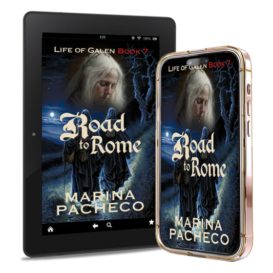 A digital mockup showing a tablet and a smartphone displaying the book cover for 'Road to Rome' by Marina Pacheco. The cover art features a woman with long white hair against a dark blue background with lightning.