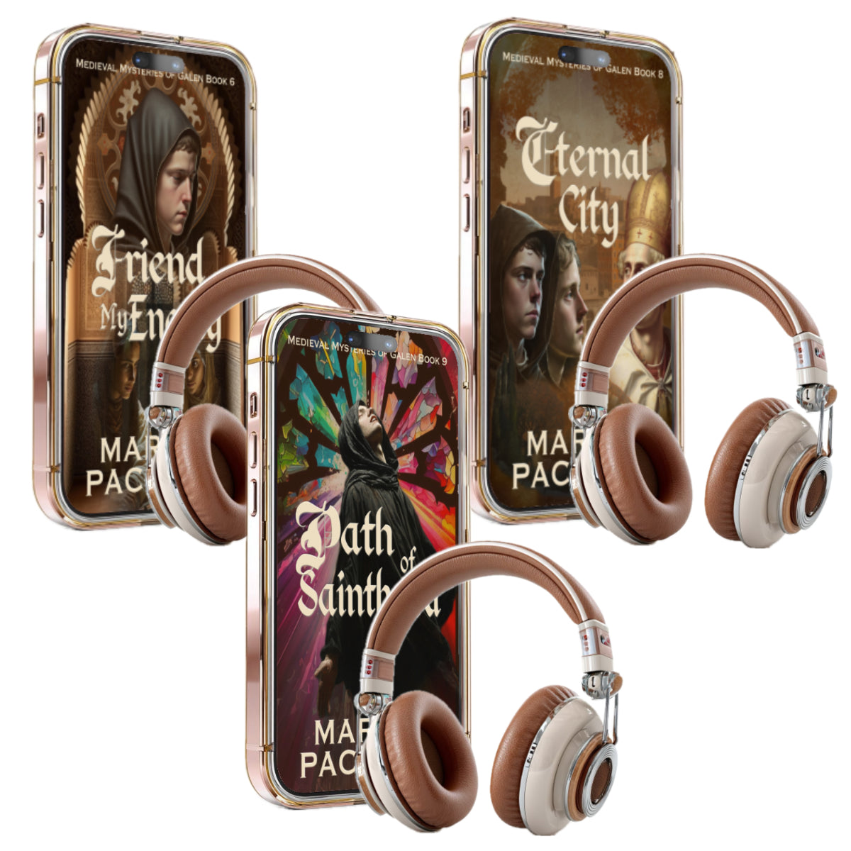 Image of three iPhones and headphones with the cover images from Life of Galen books 7 to 9, Friend of my Enemy, Eternal City, Path of Sainthood.