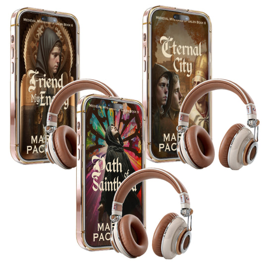 Image of three iPhones and headphones with the cover images from Life of Galen books 7 to 9, Friend of my Enemy, Eternal City, Path of Sainthood.