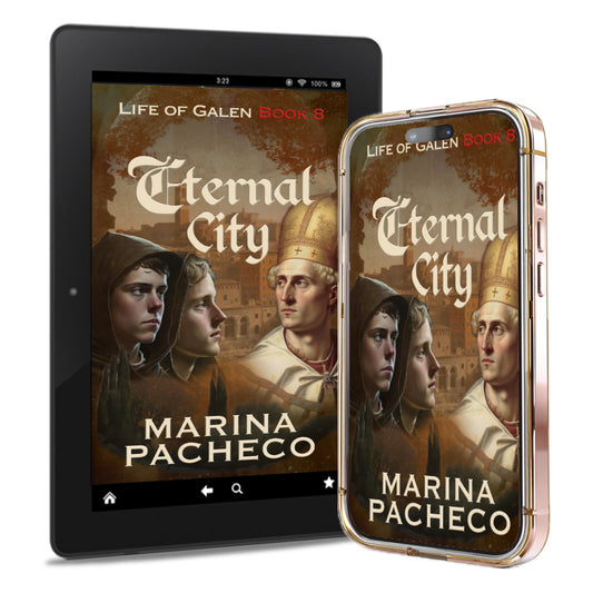 A digital book cover for 'Eternal City' by Marina Pacheco, shown on a black tablet and a rose gold smartphone case against a white background.