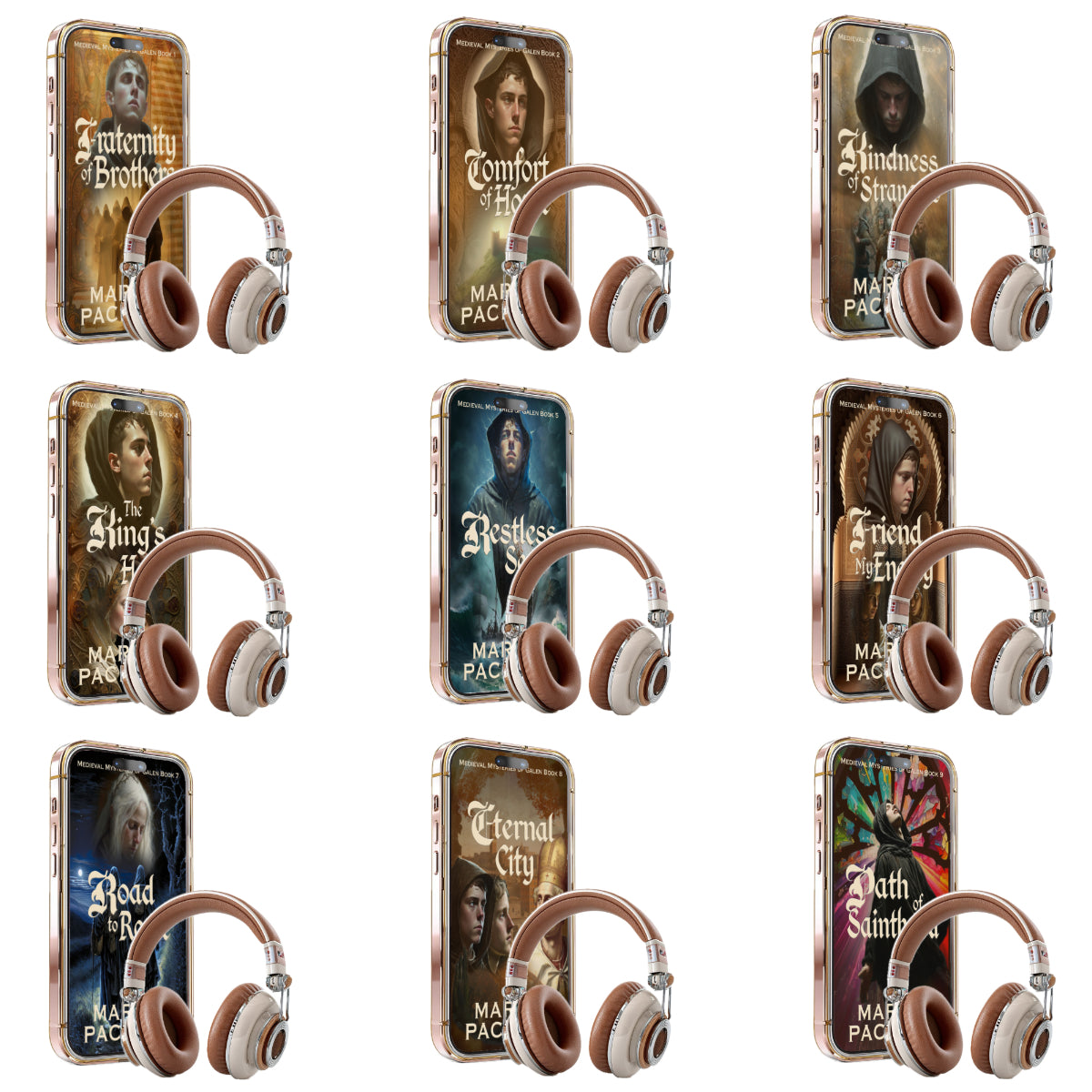 Set of phone cases with book cover designs and headphones of the nine available Life of Galen audiobooks