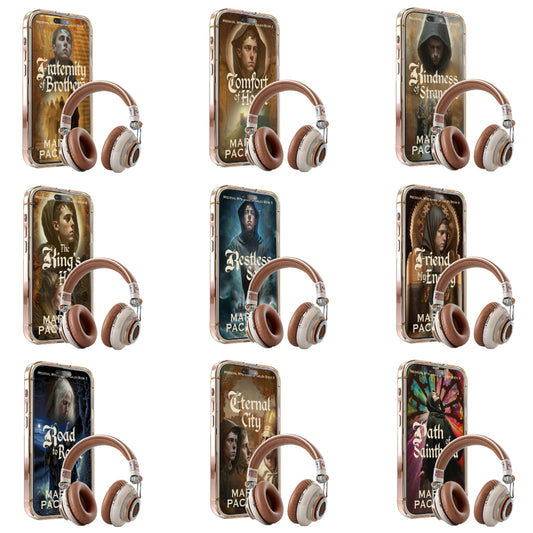 Set of phone cases with book cover designs and headphones of the nine available Life of Galen audiobooks