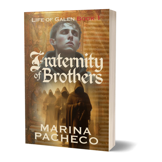 3D Book cover of 'Fraternity of Brothers' by Marina Pacheco with a historical theme.