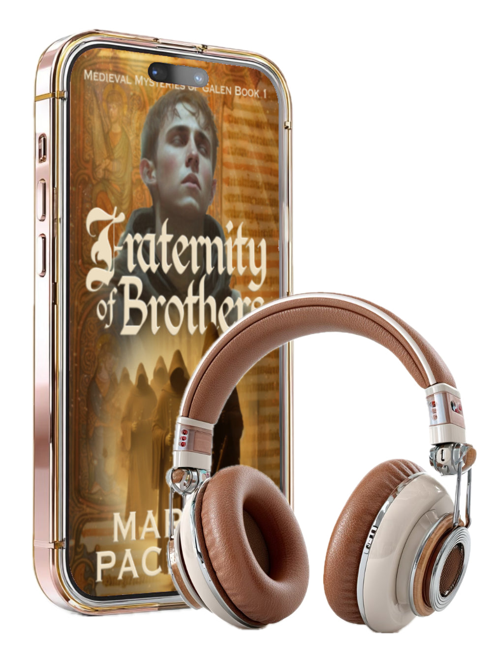 Phone case with book cover design and headphones on a white background. Life of Galen book 1, medieval fiction, found family, monks and moral dilemmas.