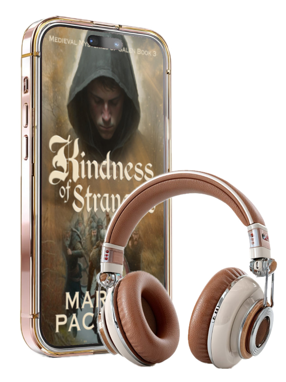 Phone case with 'Kindness of Strangers' book cover design and a pair of brown headphones. Life of Galen book 3, medieval fiction, found family, monks and moral dilemmas.