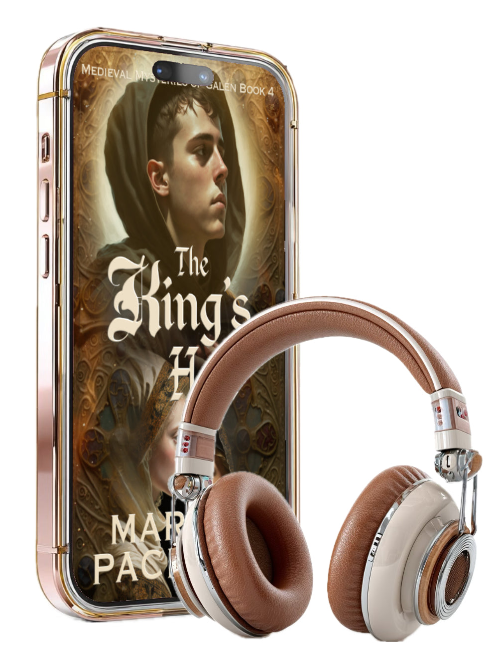 Phone case with book cover design and headphones on a white background. Life of Galen book 4, medieval fiction, found family, monks and moral dilemmas.