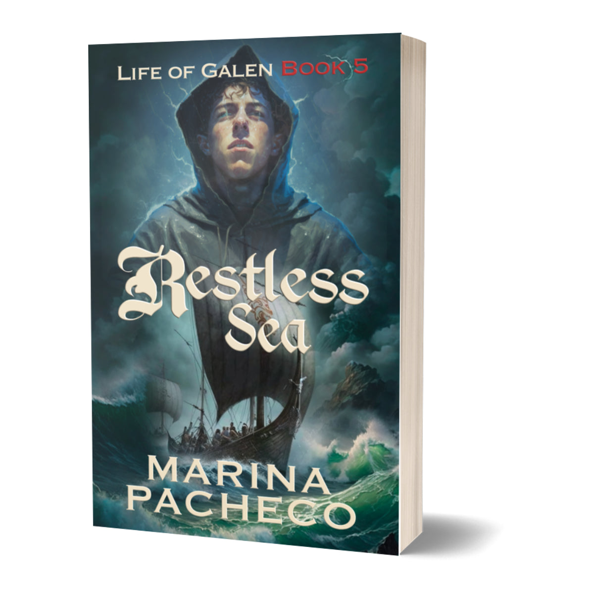 3D Book cover of 'Restless Sea' by Marina Pacheco featuring a hooded figure and ship on stormy waters.