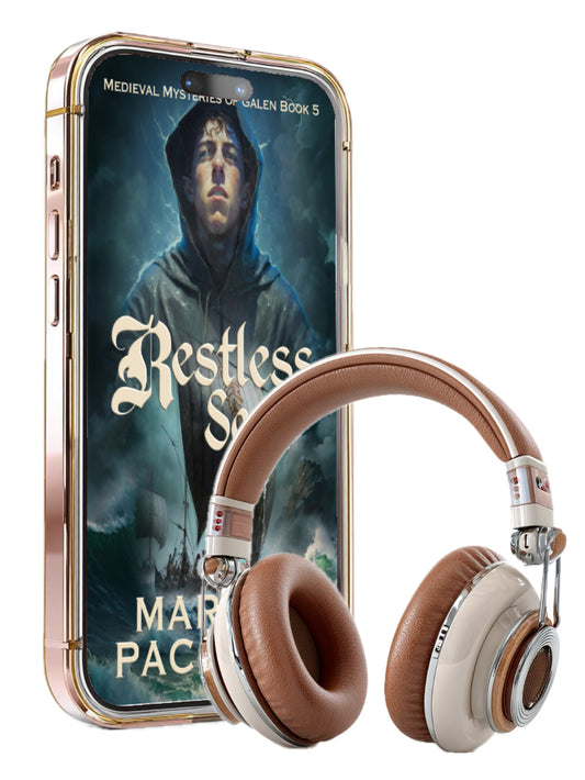 Phone with a book cover displayed, next to a pair of brown and beige headphones on a white background. Life of Galen book 5, medieval fiction, found family, monks and moral dilemmas.