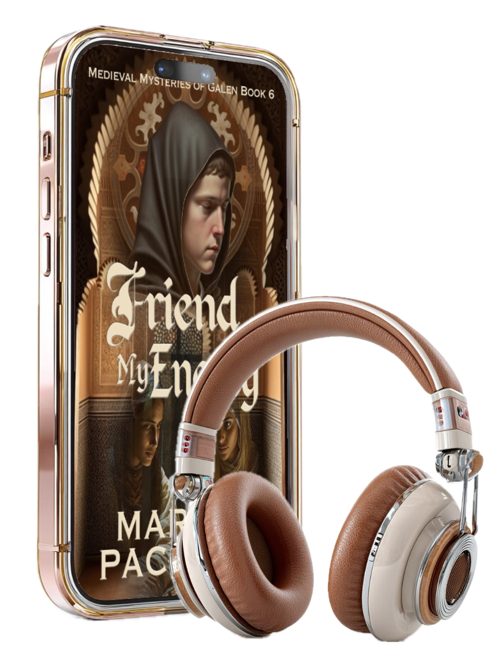 Phone case with book cover design and headphones on a white background. Life of Galen book 6, medieval fiction, found family, monks and moral dilemmas.