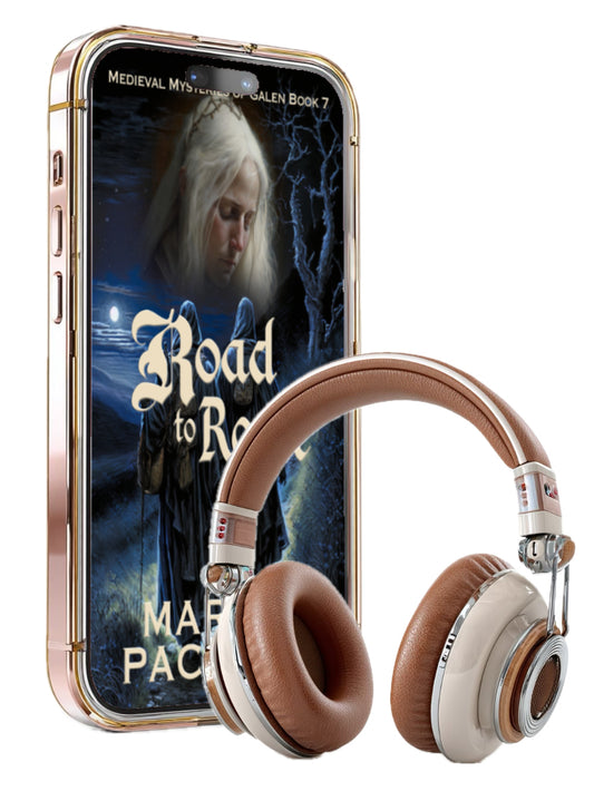 Phone displaying a book cover with a pair of headphones in front. Life of Galen book 7, medieval fiction, found family, monks and moral dilemmas.