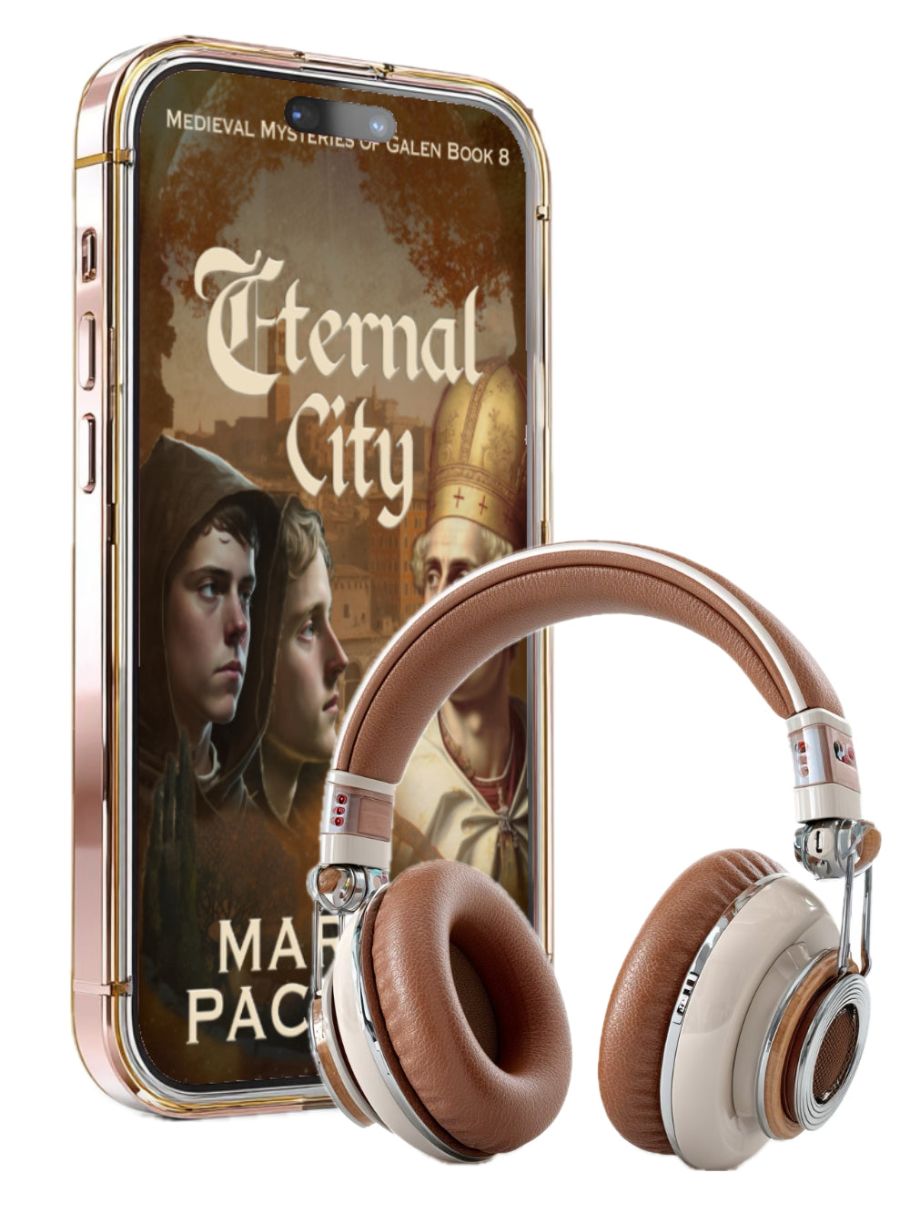 Phone with 'Eternal City' book cover and over-ear headphones on a white background. Life of Galen book 8, medieval fiction, found family, monks and moral dilemmas.