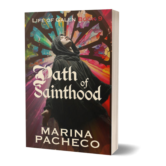 3D Book cover of 'Path of Sainthood' by Marina Pacheco with a colorful stained glass window in the background.