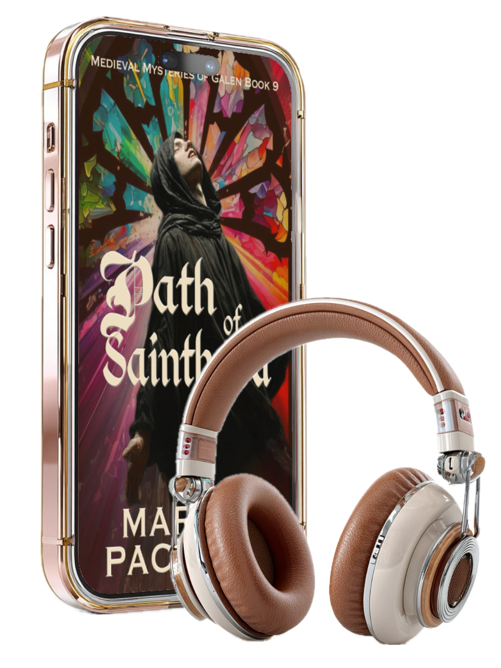 Phone case with 'Path of Saint' design and headphones on a white background. Life of Galen book 9, medieval fiction, found family, monks and moral dilemmas.