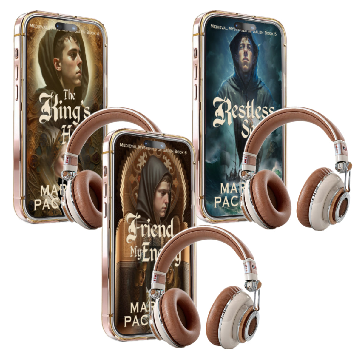 Headphones with book covers displayed on smartphone screens, featuring 'The King's Hall', 'Restless Sea', and 'Friend of My Enemy' by Marina Pacheco.