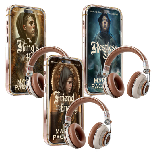 Headphones with book covers displayed on smartphone screens, featuring 'The King's Hall', 'Restless Sea', and 'Friend of My Enemy' by Marina Pacheco.