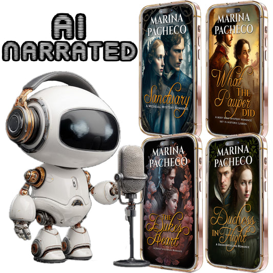 Ai narrated collection of 4 audiobooks: Sanctuary, What the Pauper Did, The Duke's Heart and Duchess in Flight