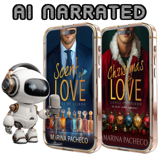 Two phone screens displaying book covers for the AI narrated audiobooks: Scent of Love and Christmas of Love with a robot holding a microphone.