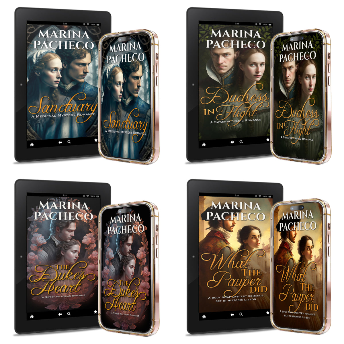 four kindles and iPhones with the covers of the ePubs Sanctuary, Duchess in Flight, The Duke's Heart and What the Pauper Did.