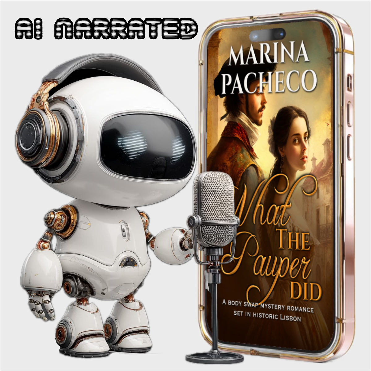 Robotic character with a microphone next to a phone displaying a book cover by Marina Pacheco