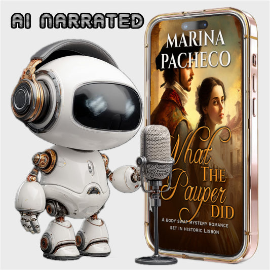 Robotic character with a microphone next to a phone displaying a book cover by Marina Pacheco