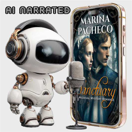Robotic character with a microphone next to a phone displaying a book cover with 'Marina Pacheco' and 'Sanctuary'.