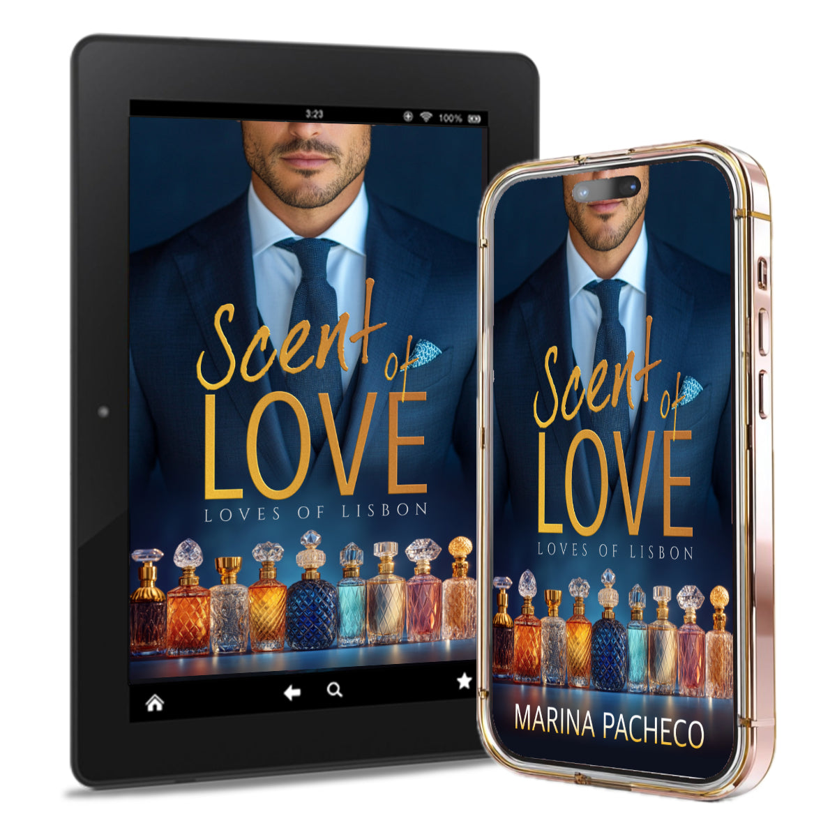 Tablet and phone displaying the book cover 'Scent of Love' by Marina Pacheco.