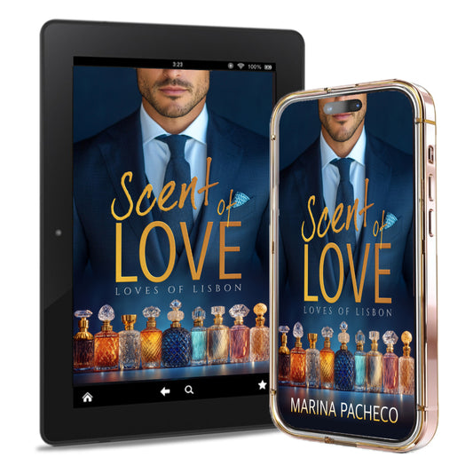 Tablet and phone displaying the book cover 'Scent of Love' by Marina Pacheco.